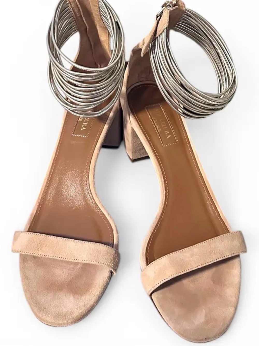 Aquazzura Beige Suede Ankle-Wrap Block Heel Sandals
